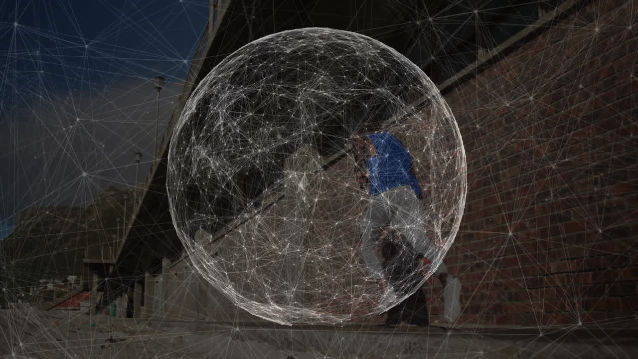 Animation of network forming sphere over person walking by brick wall