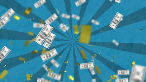 animation of confetti and american dollar bills falling on spinning blue stripes