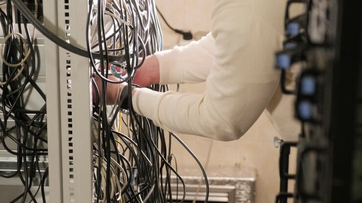 Technician configures the network equipment in the server room