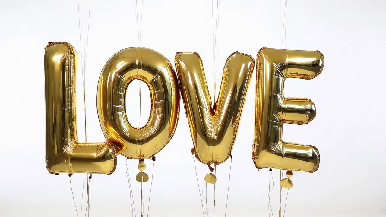 Swaying four gold foil balloons forming LOVE, tethered, reacting to studio breeze for product shot
