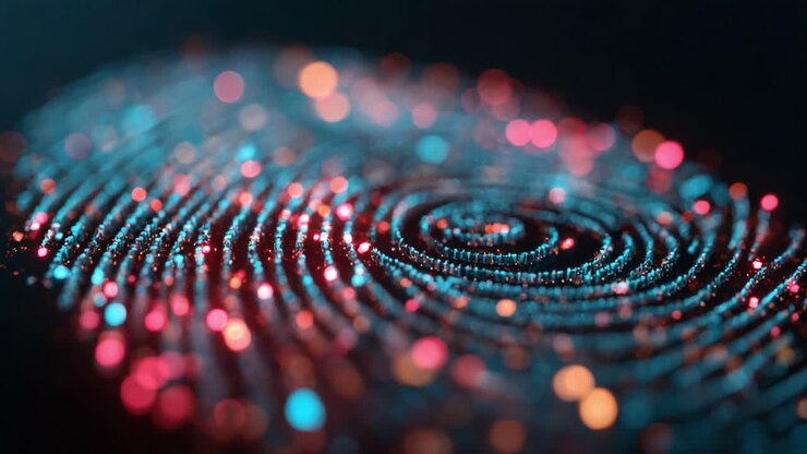 An Artistic Representation of a Colorful Fingerprint, Blending Blues and Reds Against a Dark Background, Showcasing Depth and Detail in Abstract Form