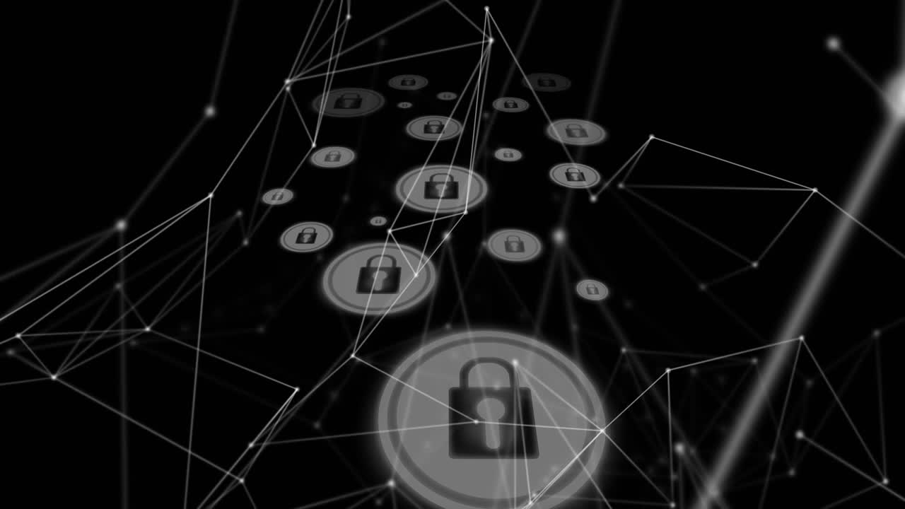 Digital animation of network of connections over multiple security padlock icons on black background