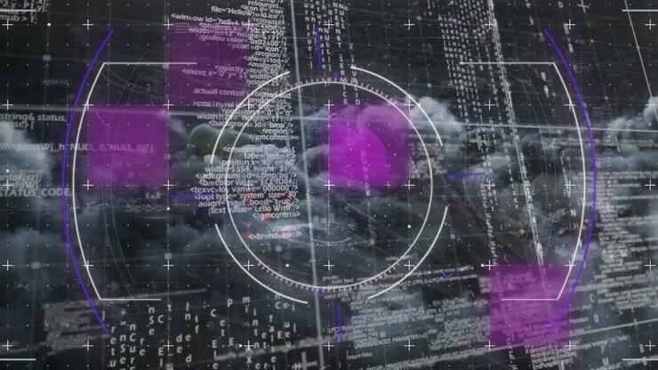 Animation of glitch effect and scope scanning over data processing against dark clouds