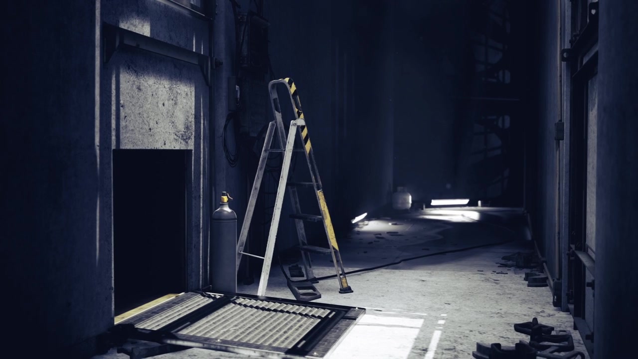 Atmospheric film corridor with textured floor and soft lighting mood