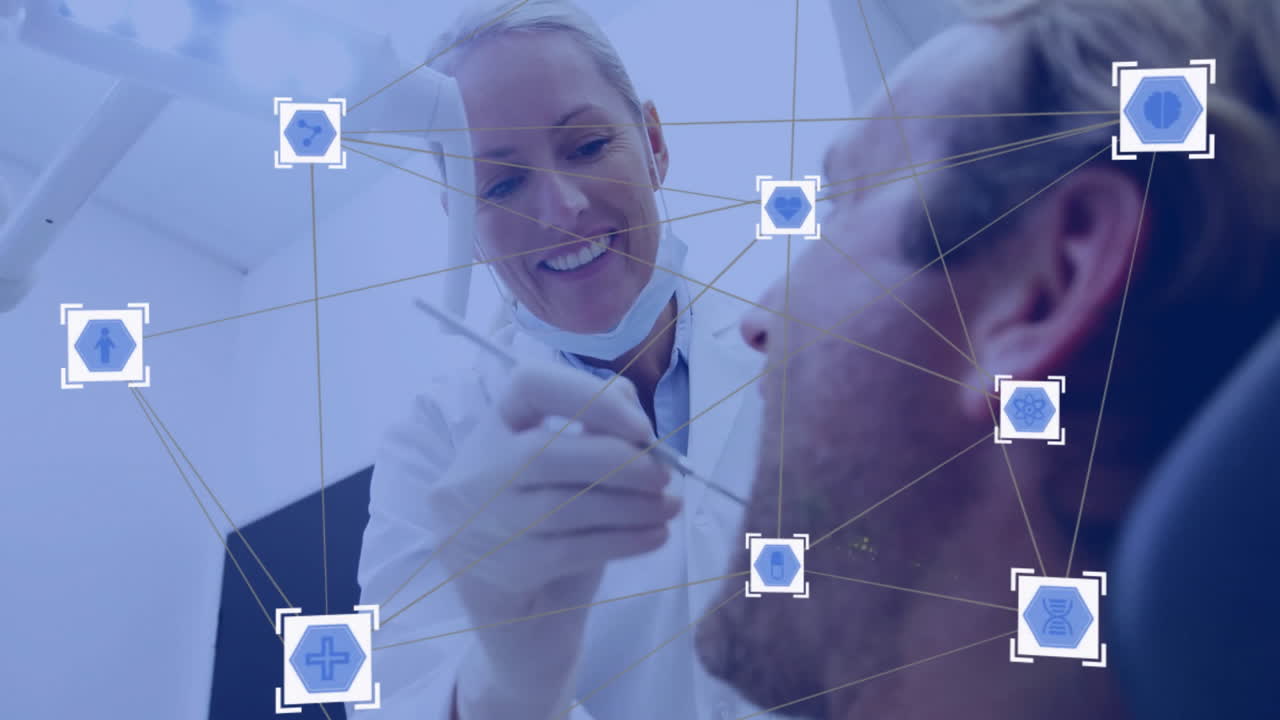 dentista examinando al paciente, conexiones de red médica animación sobre la escena