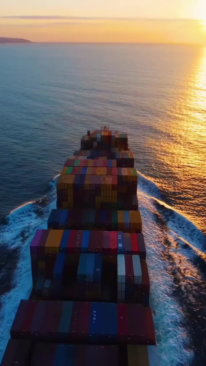 Aerial View of a Container Ship Sailing on the Ocean at Sunset