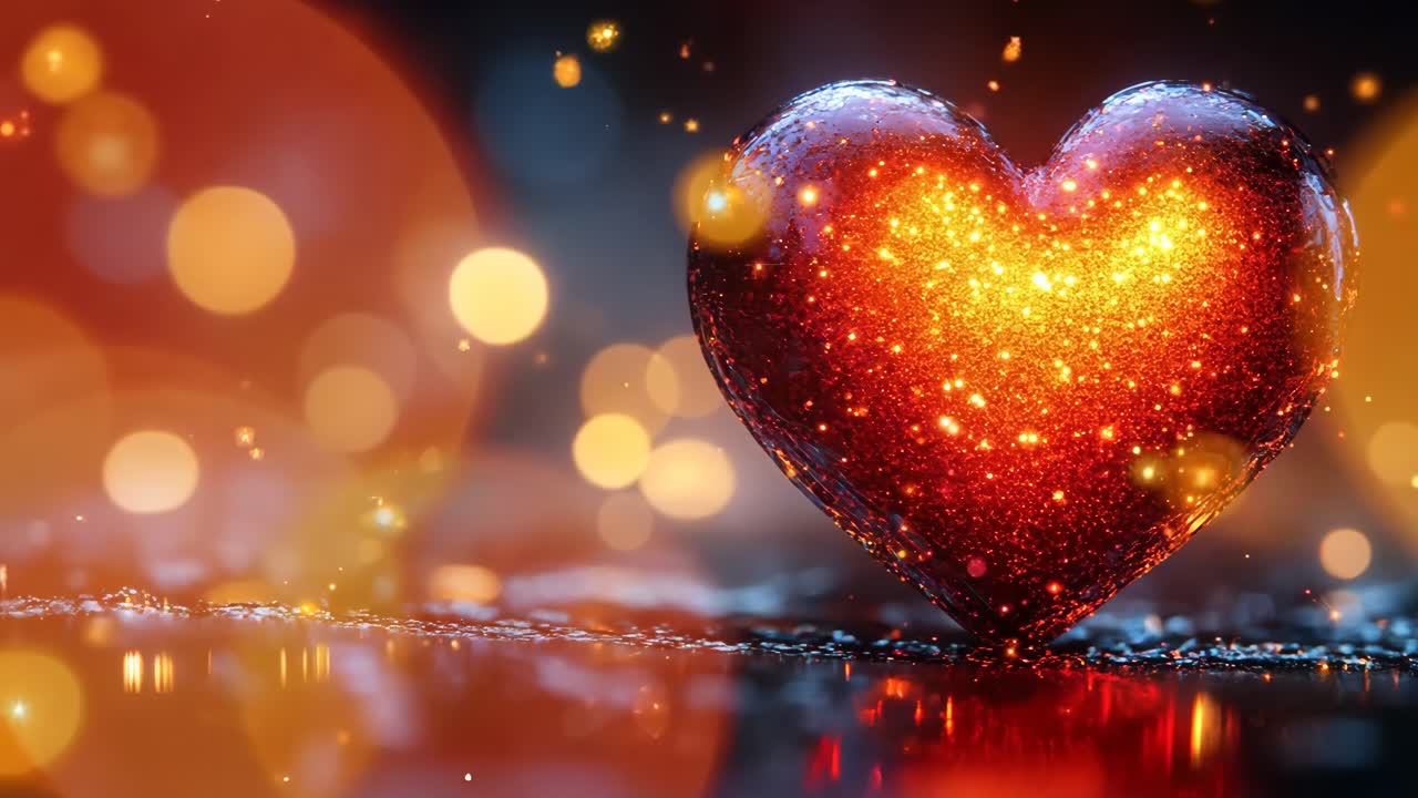 A heart with a glowing red center is surrounded by a blurry background. The heart is lit up, giving it a warm and romantic feel