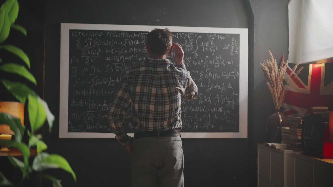 A brilliant scientist or professor contemplates a blackboard filled with complex mathematical formulas, scratching his head as he tries to solve the problem. Concept of genius at work