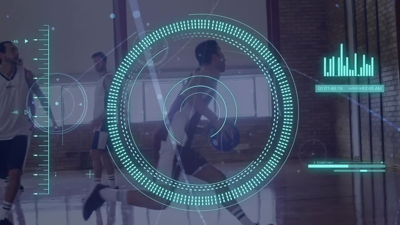 animación de escaneo de alcance y procesamiento de datos sobre diversos hombres jugando al baloncesto