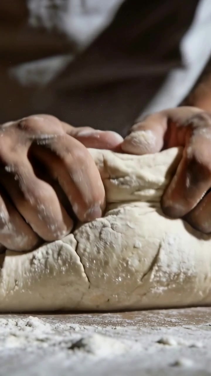 Vertical video: Pressing baker folding dough on floured counter in light top, shaping bread
