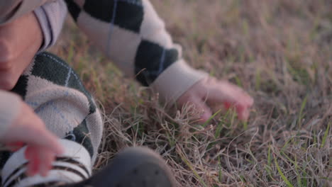 baby hands touching and feeling grass in nature for the first time