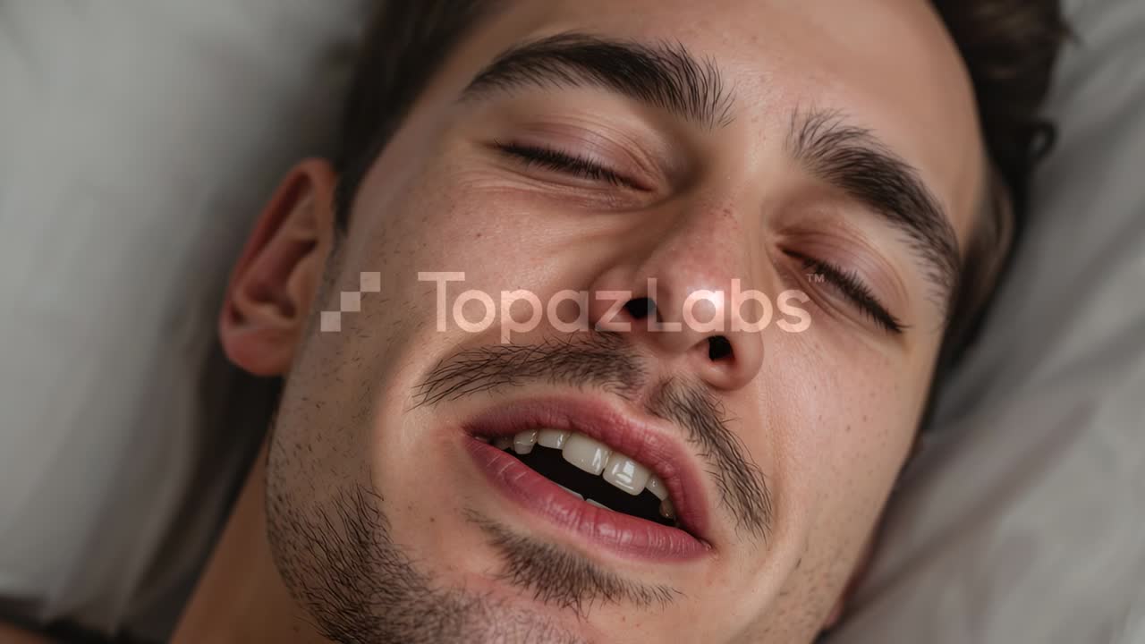 Stirring from rest man turning head and opening eyes in bedroom with pillow, TopazLabs watermark