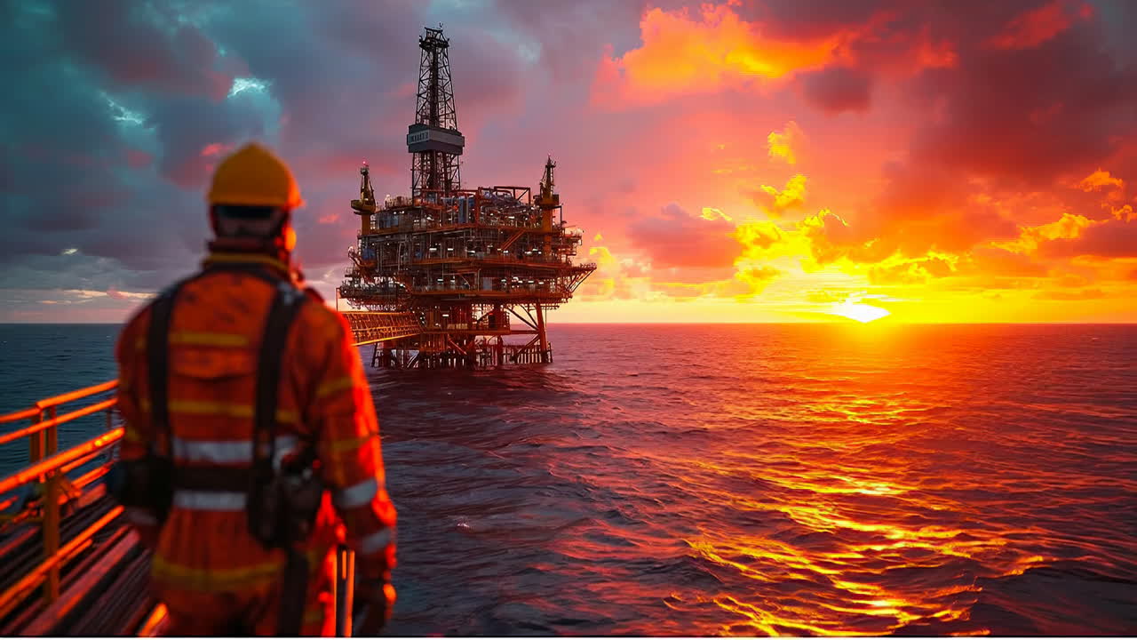 Un operaio di una piattaforma petrolifera ammira il tramonto sull'oceano. Un operaio si trova su una piattaforma e osserva una piattaforma petrolifera durante il tramonto sull'oceano. Il cielo è ricco di colori vivaci.