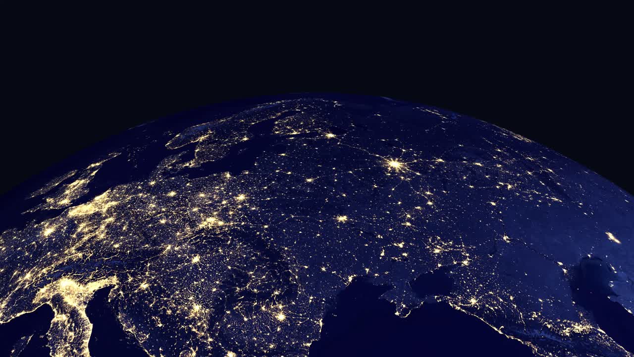Digital animation zooms from outer space to a night map pinpointing Vilnius, Lithuania with lights
