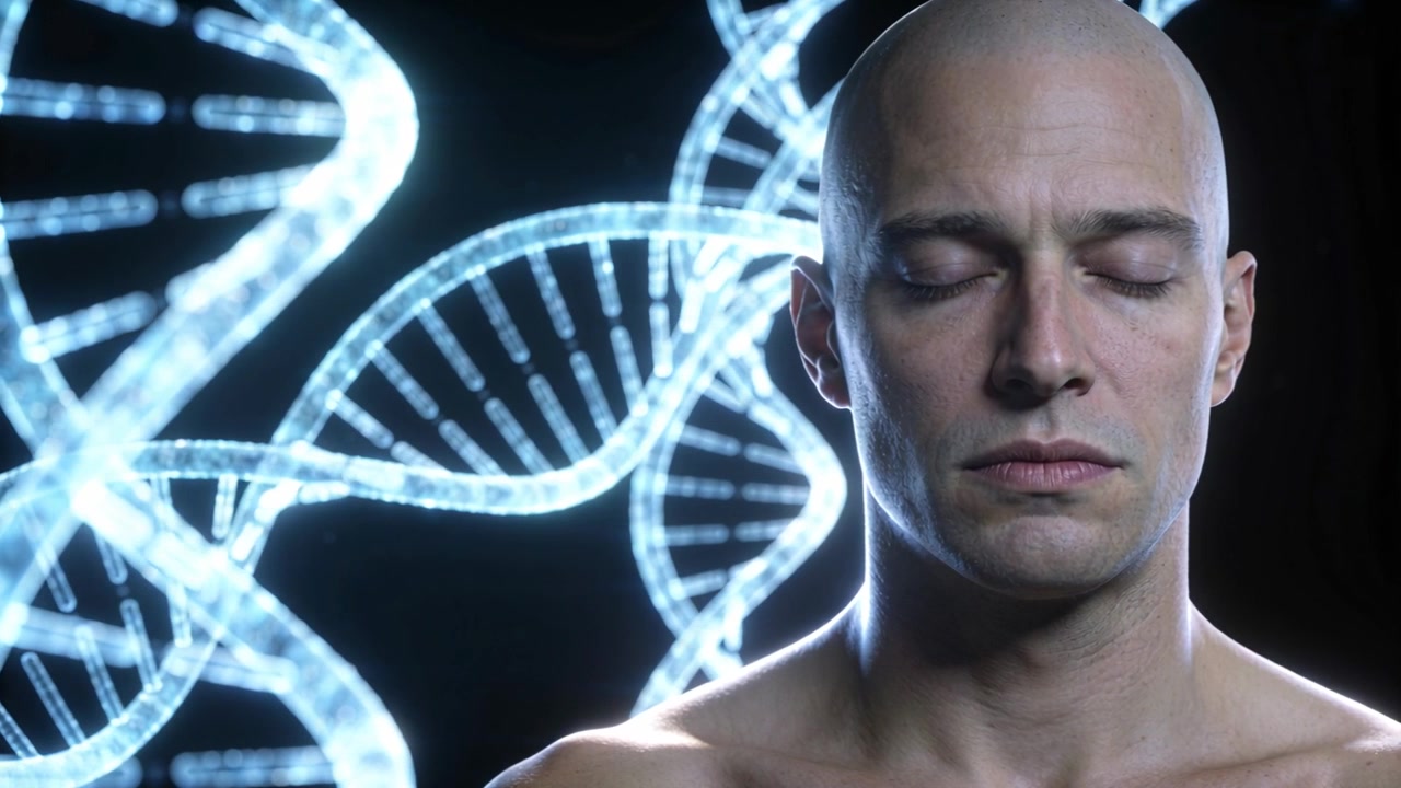 Uomo seduto a torso nudo in studio, che respira con gli occhi chiusi mentre il DNA pulsante provoca spasmi, con spazio per il testo.