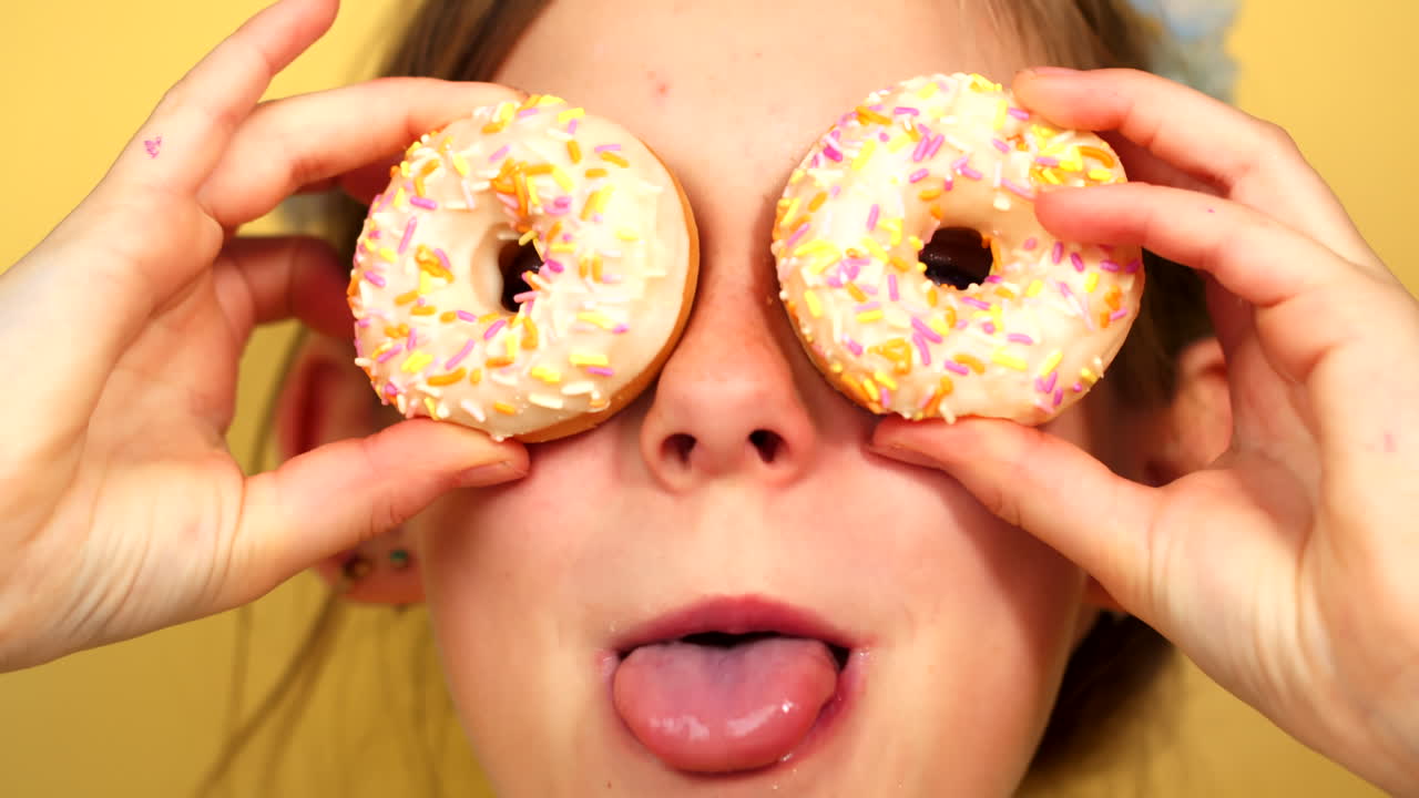 Cute Child holding two donuts in front of her eyes like glasses while doing tasty, funny and silly faces.Close up of young girl playing with doughnut food in front of yellow background.
