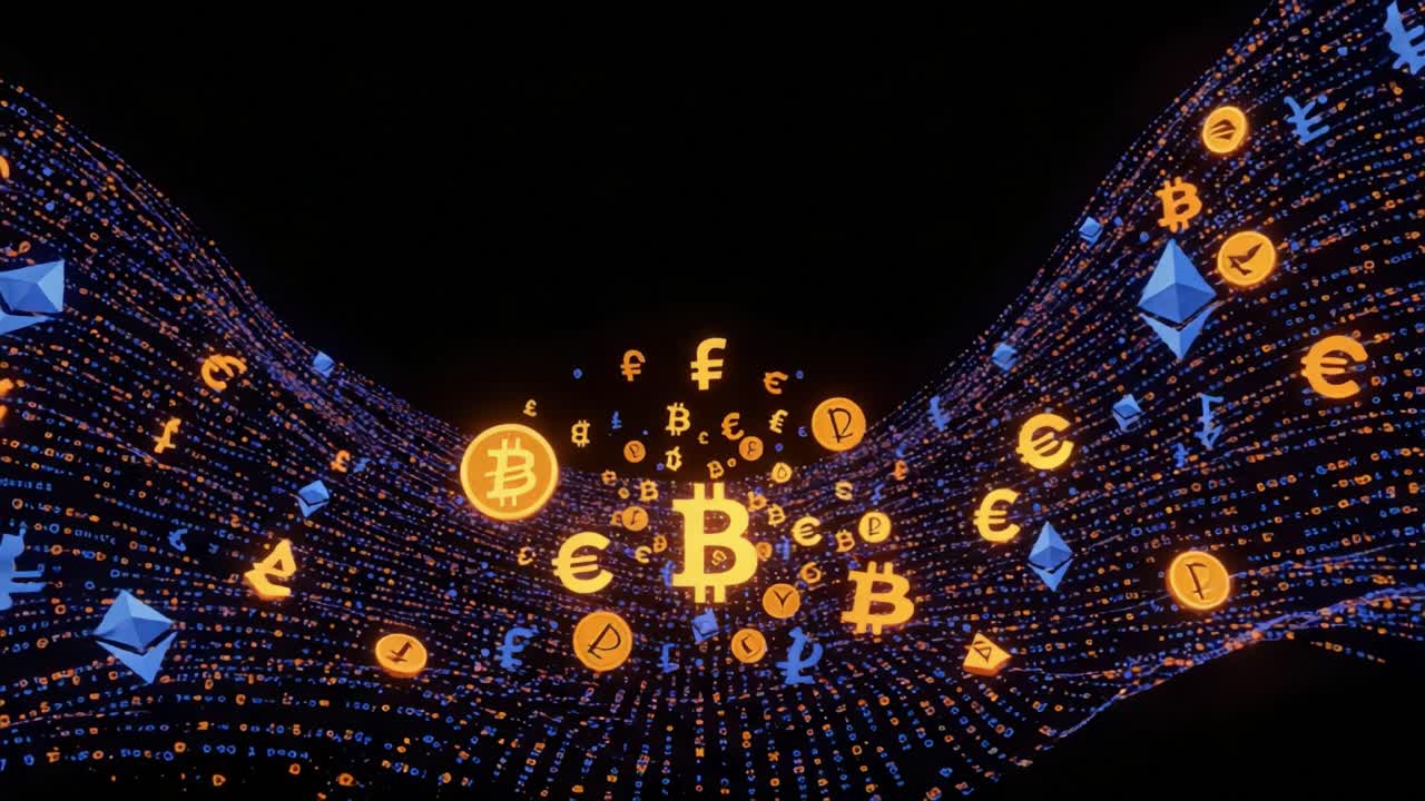 A Stunning Visual Representation of Cryptocurrency Movement: Bitcoin, Ethereum, and Various Coins in a Dynamic Flow of Digital Financial Symbols