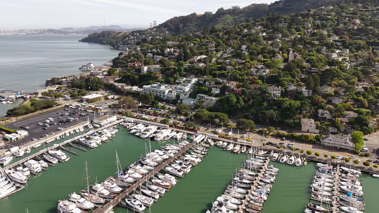 Sausalito, California USA, Drone Shot of Town in San Francisco Bay, HIllside Homes and Harbor Marina