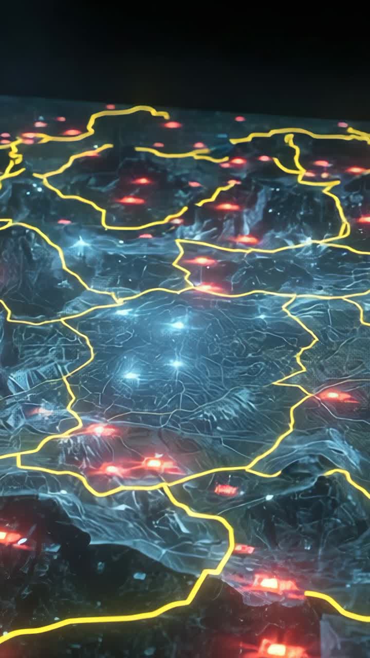 Vertical video: Tracing yellow border around 3D map with red nodes and bluish-white lines