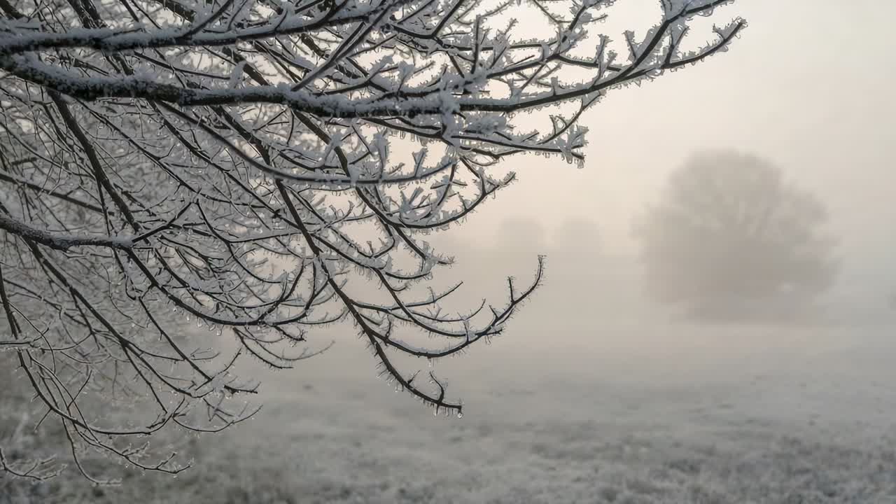 Dripping hoarfrost branch shedding drops above frost field, mist shifting and breeze causing fall
