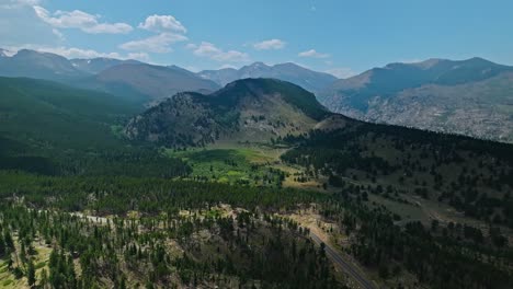 aerial view of mountainous terrain with lush green forests under a bright blue sky in colorado