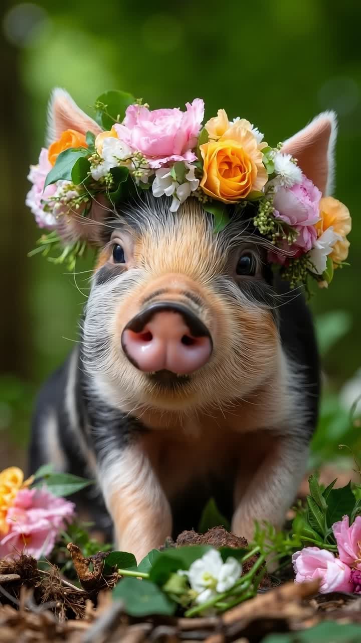 Un maialino con una coroncina di fiori sulla testa
