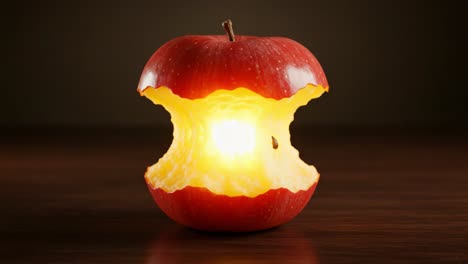 a stunning visual of a half-eaten apple with a soft glow emitting from its core, highlighting the intriguing beauty of nature's fruit in a unique perspective