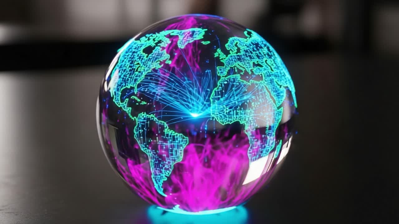 A Futuristic Representation of Global Connectivity Displayed Through a Vibrant 3D Sphere with Electric Blue and Pink Data Streams Connecting the Continents