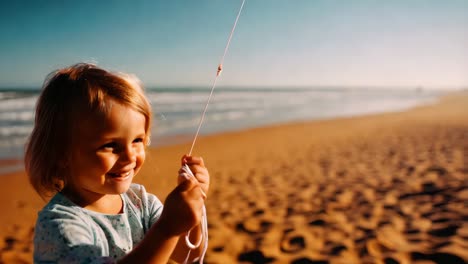 little girl flying a kite on the beach at sunset
