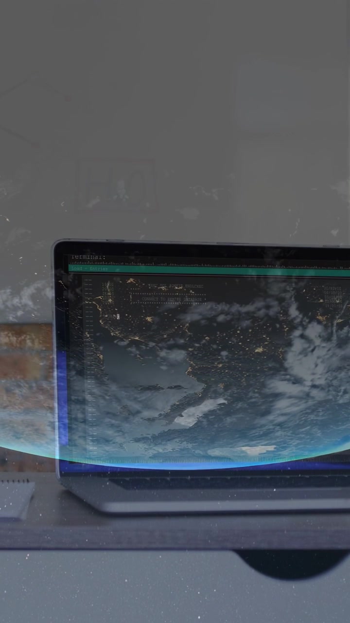 Video verticale: Una banda blu che appare sullo schermo del laptop, trasformando una mappa in una vista della Terra nuvolosa.