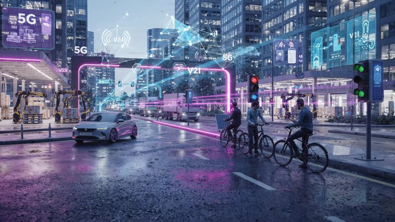 Futuristic Urban Landscape Featuring Smart Technology Integration and Autonomous Vehicles Highlighting the Evolution of transportation in a Digital City Environment