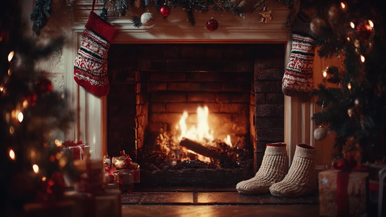A Cozy Holiday Scene Featuring a Crackling Fireplace with Stockings, Gifts, and Festive Decorations Illuminating the Warm Atmosphere of Winter Celebrations