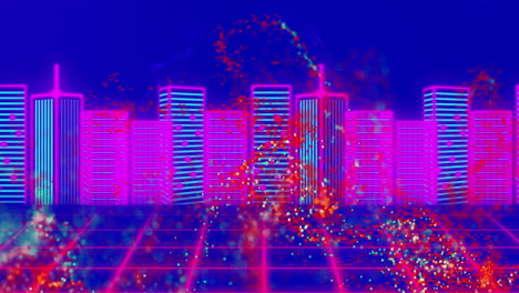 animation of red digital wave over grid network against 3d city model on blue background