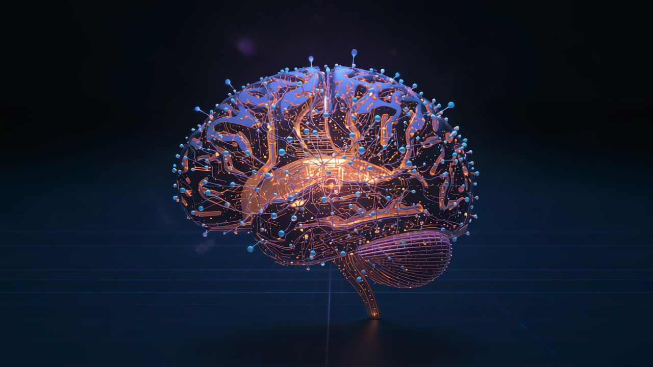 Rotating brain model revealing orange wiring while inner glow brightening with blue nodes in studio