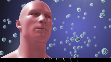 animación de una cabeza humana sobre múltiples células de virus flotando sobre un fondo azul