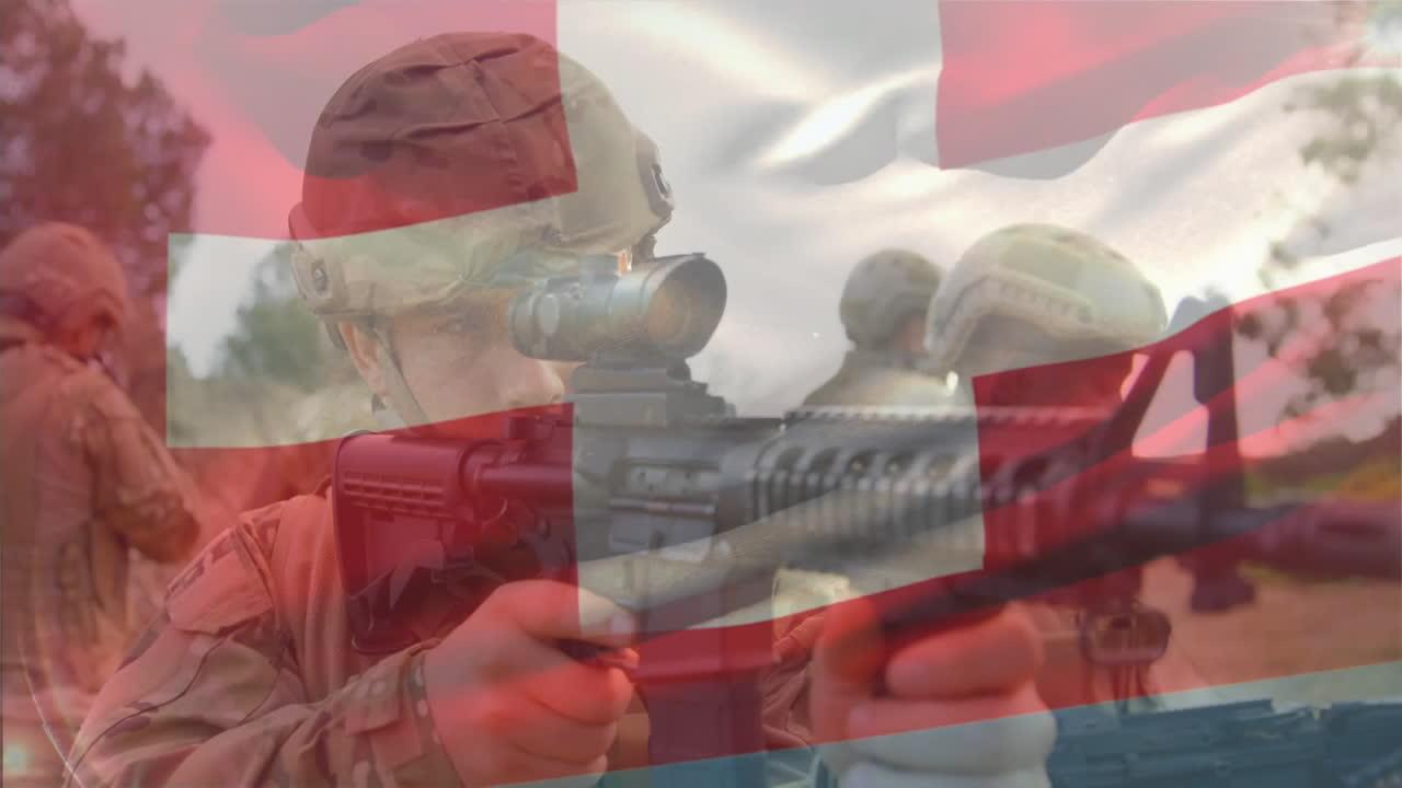 스위스 발의 애니메이션 다양한 군인들이 총을 고 있습니다.