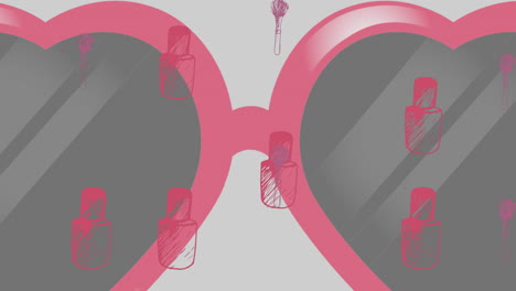 animación de iconos de esmalte de uñas y pincel con gafas sobre fondo rosa