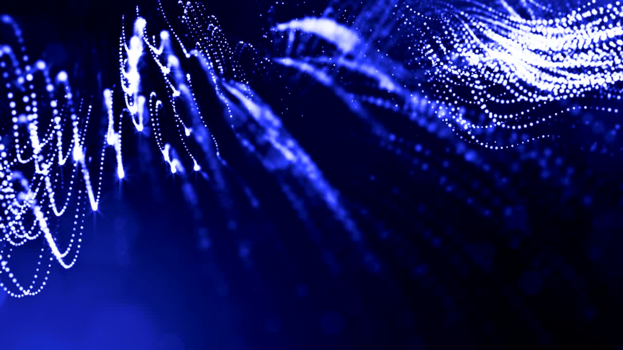 la animación de bucle de renderizado 3d de las partículas de brillo forma líneas oscilantes como guirnalda oscilante como fondo festivo o fondo abstracto de partículas con profundidad de campo y bokeh como bucle vj. azul 6