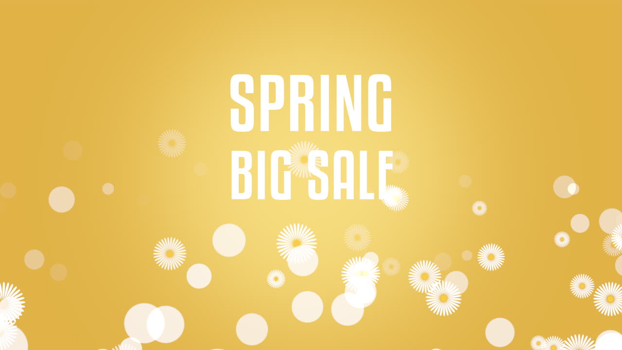 Spring Big Sale with fly white flowers on yellow gradient