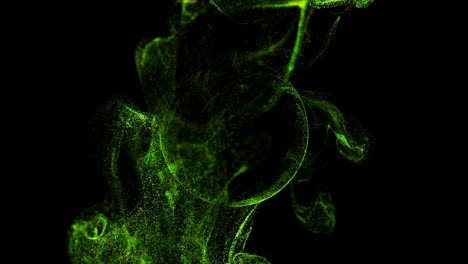 corriente de partículas luminosas verdes bajo el agua en fondo negro corre en un campo esférico, lugar para su texto, logotipo. canal alfa como luma mate. efecto de tinta de advección. 9