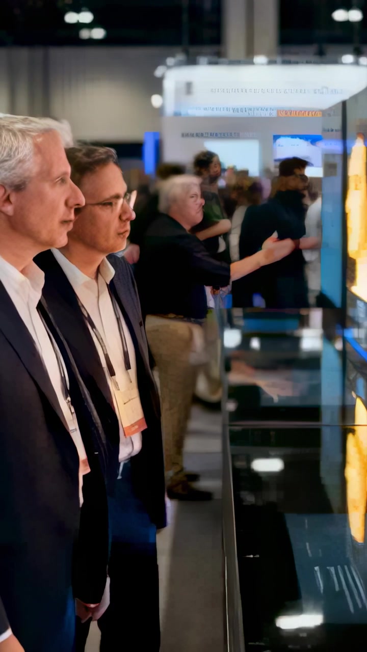 Vertical video: Walking man in suit viewing LED displays at expo with lanyard, copy space