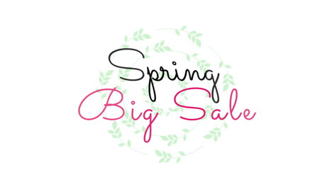 gran venta de primavera con hojas verdes sobre degradado blanco