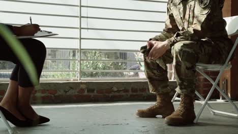 Psychological-and-mental-support-by-a-psychologist-to-a-military-soldier,-mental-health-check-up-concept