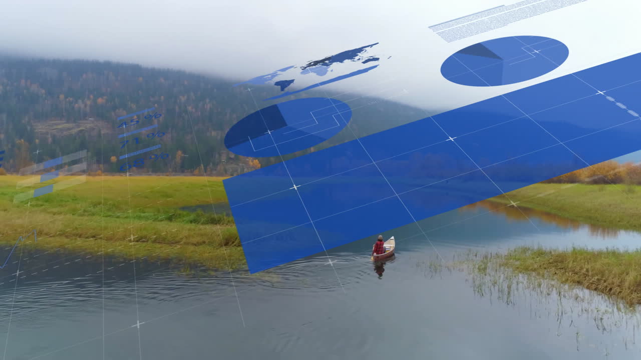 Data visualization animation over serene landscape with person rowing on calm water