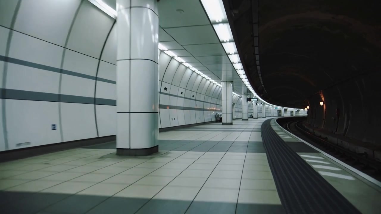 Начинается движение тележки, камера движется по пустой платформе метро к темному туннелю, чтобы показать тактильную полосу.
