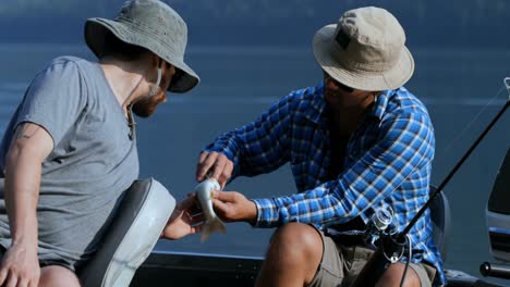 two fishermen holding a fish while fishing in the river 4k