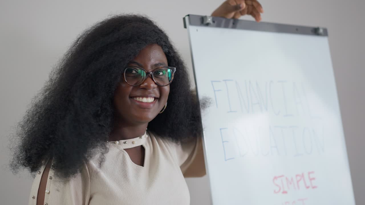 retrato de una mujer afroamericana sonriente de pie en la pizarra con palabras de educación financiera sonriendo mirando a la cámara. feliz joven freelance inicio de publicidad en cámara lenta.
