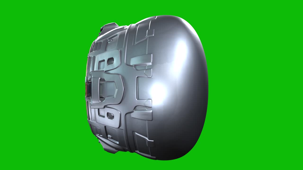 Design futuristico di sfera quantistica sci-fi 3D 05, con pannelli metallici, motivi di circuiti integrati, rotazione a 360 gradi, isolato su green screen. Ideale per IA, il quantum computing e concetti sci-fi