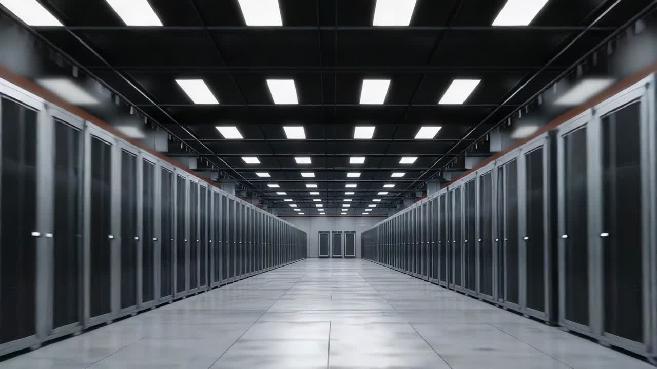 Apertura di un portone sezionale arrugginito che rivela una corsia di server in un vano in mattoni con montanti gialli, motore che si avvia