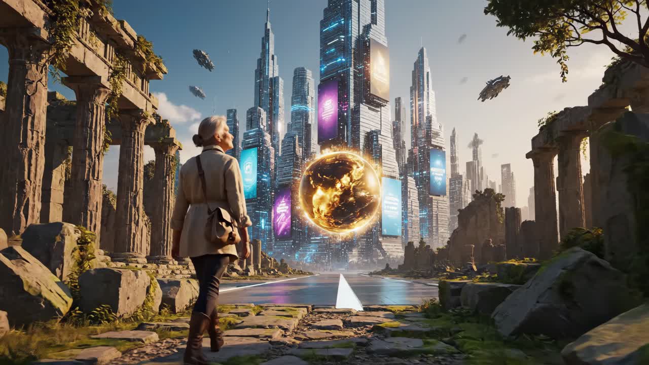 A Futuristic Cityscape with Ancient Ruins and Advanced Technology